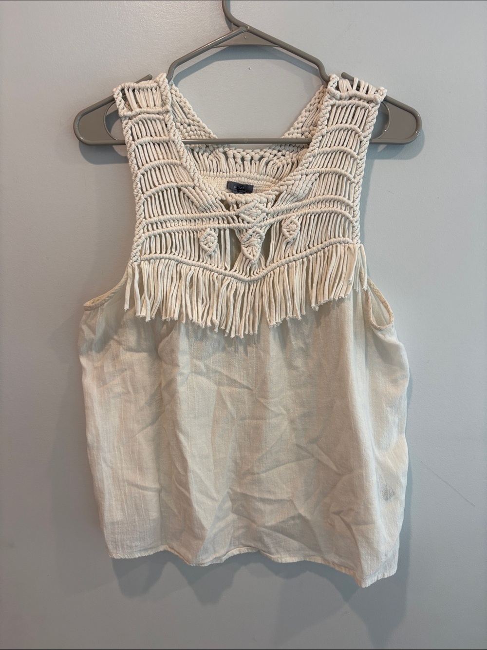 aerie Cream Macramé Fringe Tank Top ptp 20.5 by 23